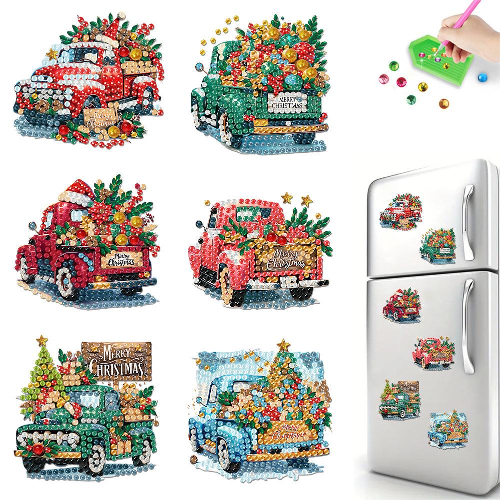 6PCS 2D Flat Car DIY Diamond Art Refrigerator Magnet Sticker for Home Decor Christmas