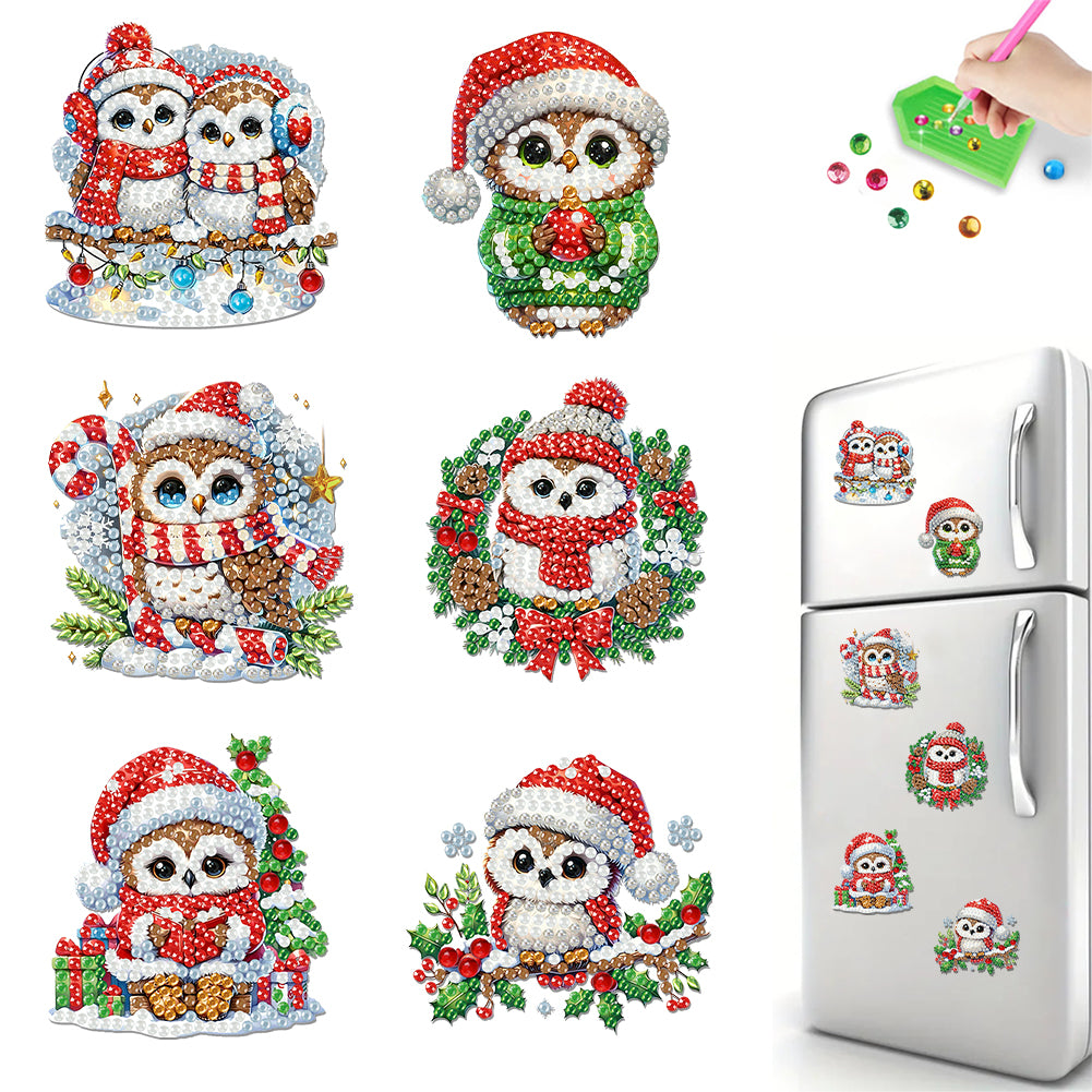 6PCS 2D Flat Owl DIY Diamond Art Refrigerator Magnet Sticker for Home Decor Christmas
