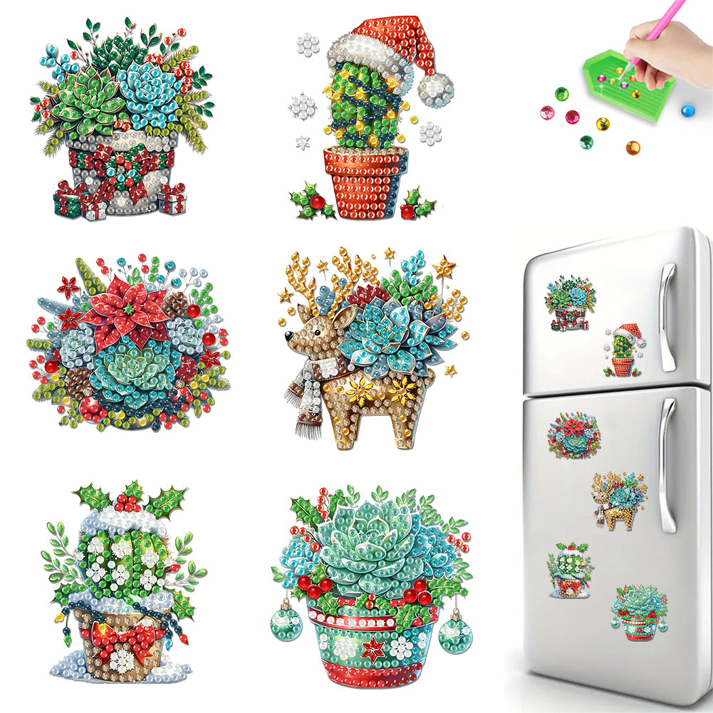 6PCS 2D Flat Plant DIY Diamond Art Refrigerator Magnet Sticker for Home Decor Christmas