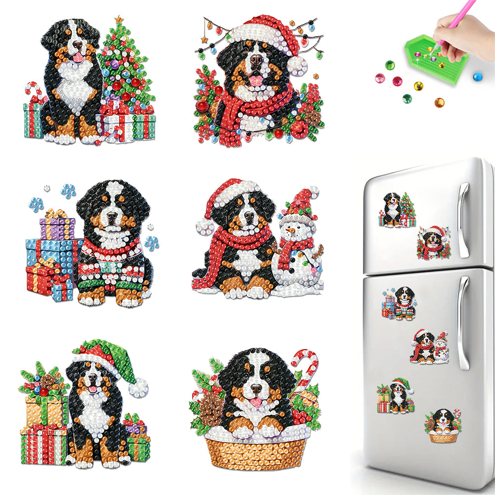 6PCS 2D Flat Bernese Mountain Dog DIY Diamond Art Refrigerator Magnet Sticker Christmas
