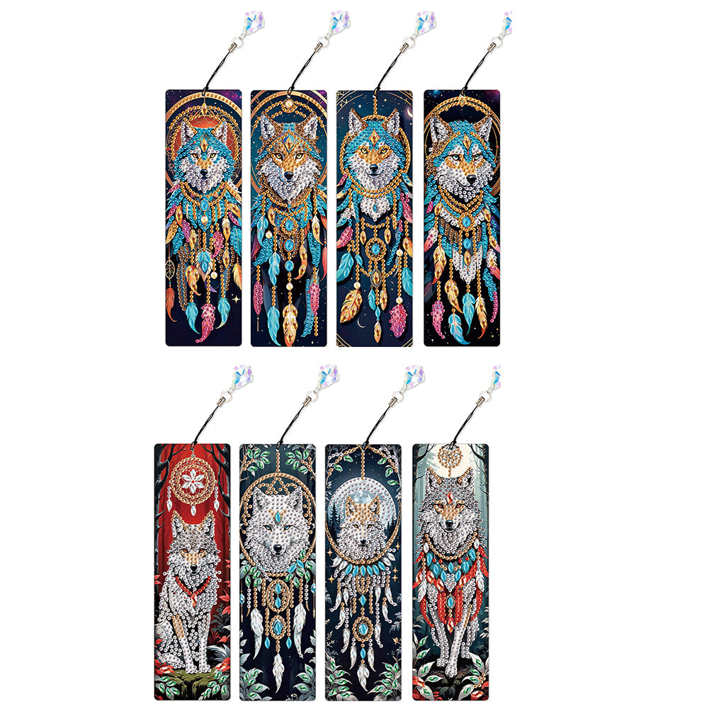 8Pcs DIY Wolf Diamond Painting Art Bookmarks with Crystal Pendants for Reading