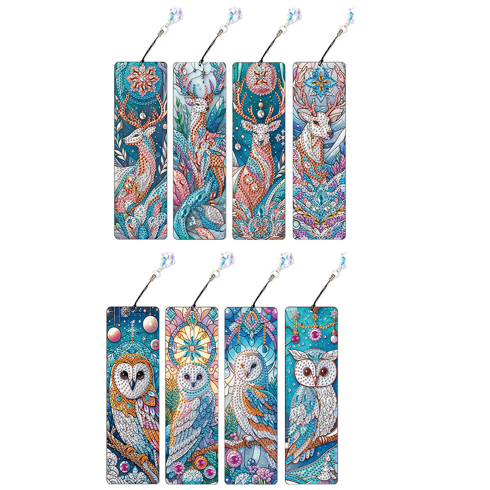 8Pcs DIY Owl Diamond Painting Art Bookmarks with Crystal Pendants for Reading