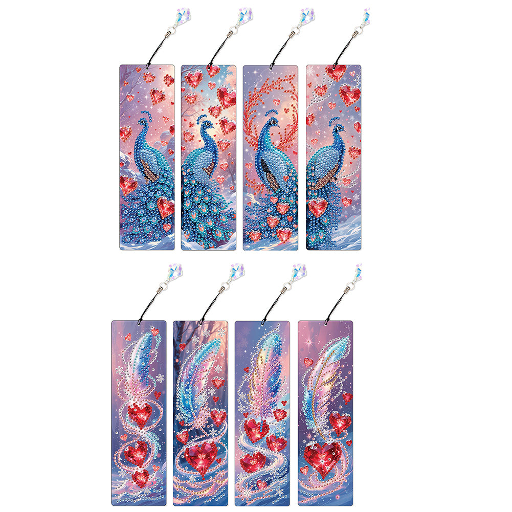 8Pcs DIY Peacock Diamond Painting Art Bookmarks with Crystal Pendants for Gift