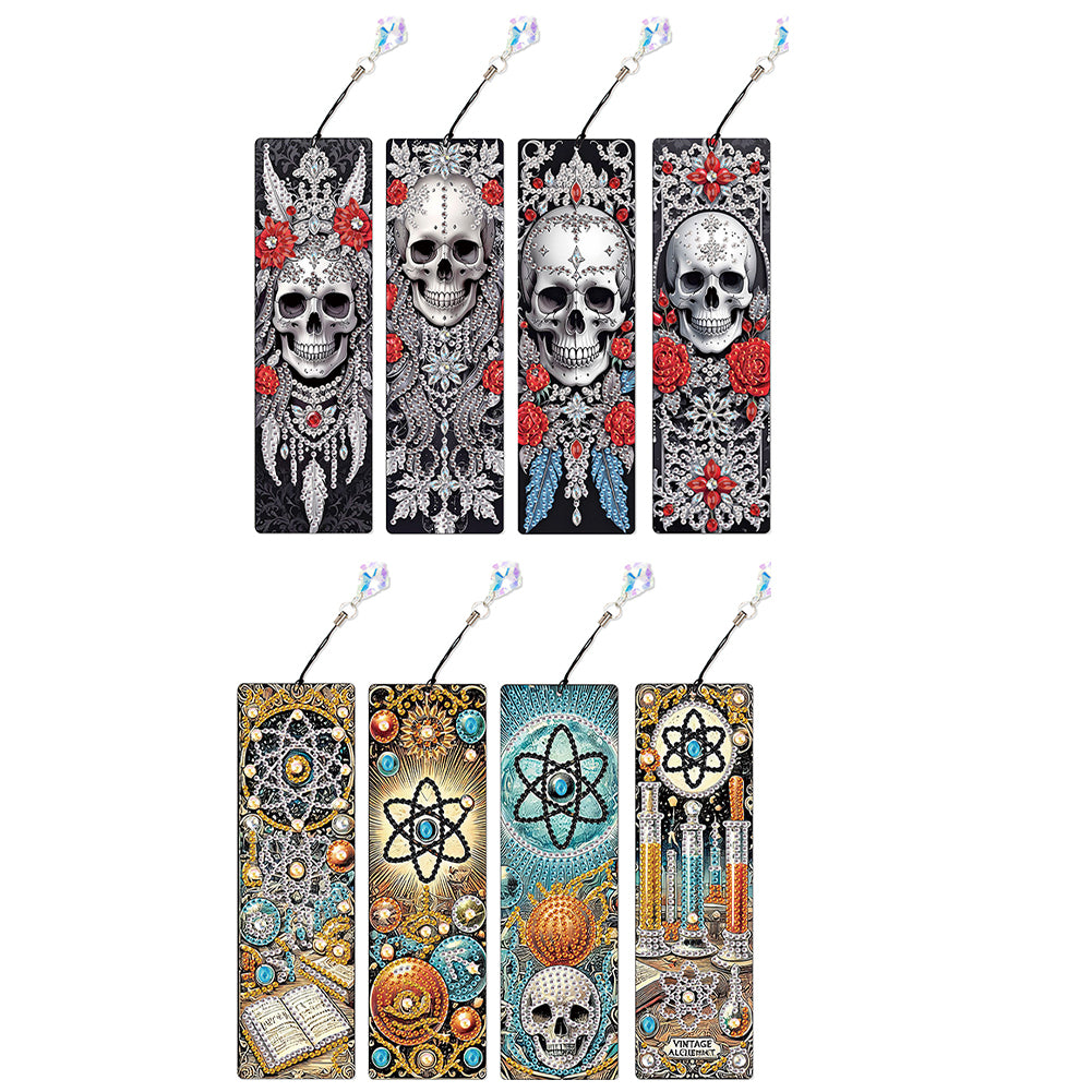 8Pcs DIY Skull Diamond Painting Art Bookmarks with Crystal Pendants for Gift