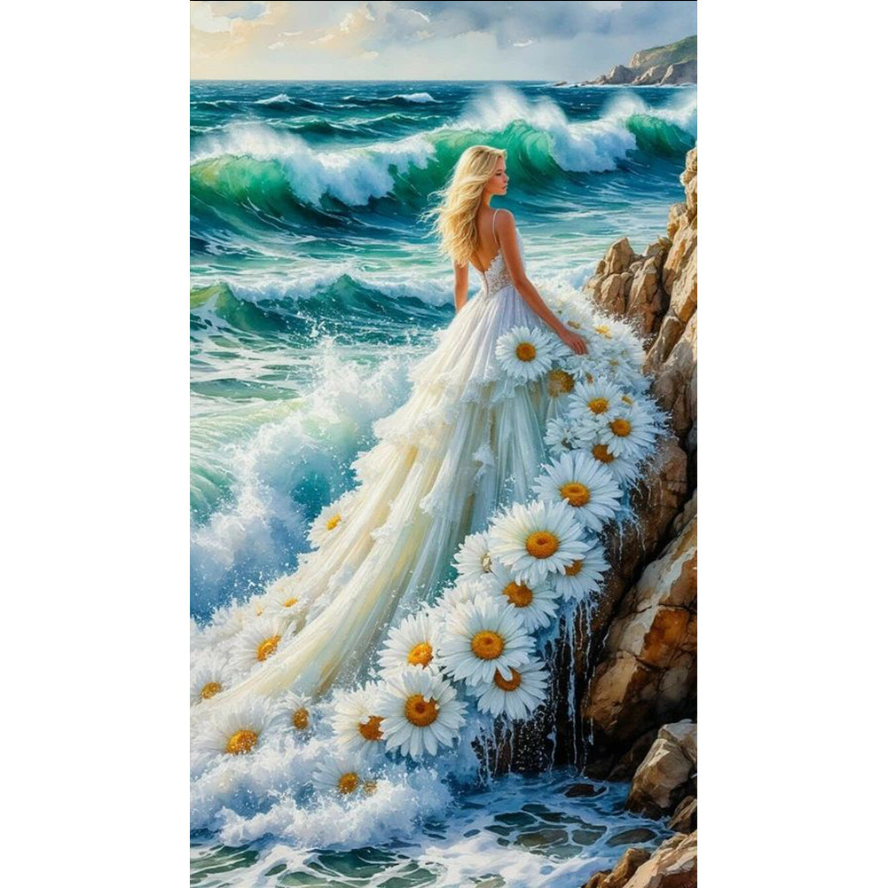 Diamond Painting - Full Round - Girl In Flower Skirt By The Sea (40*70CM)