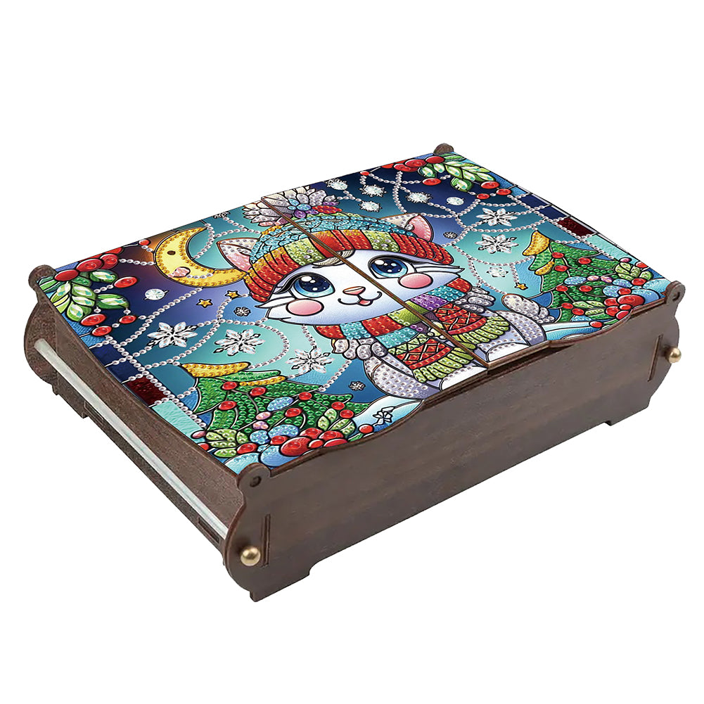 5D DIY Diamond Art Crystal Storage Wooden Case Kit for Decor (Christmas Cat)