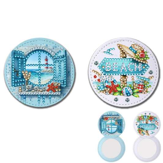 DIY Diamond Art Portable Cosmetic Mirror Home Diamond Painting Crafts (Beach)