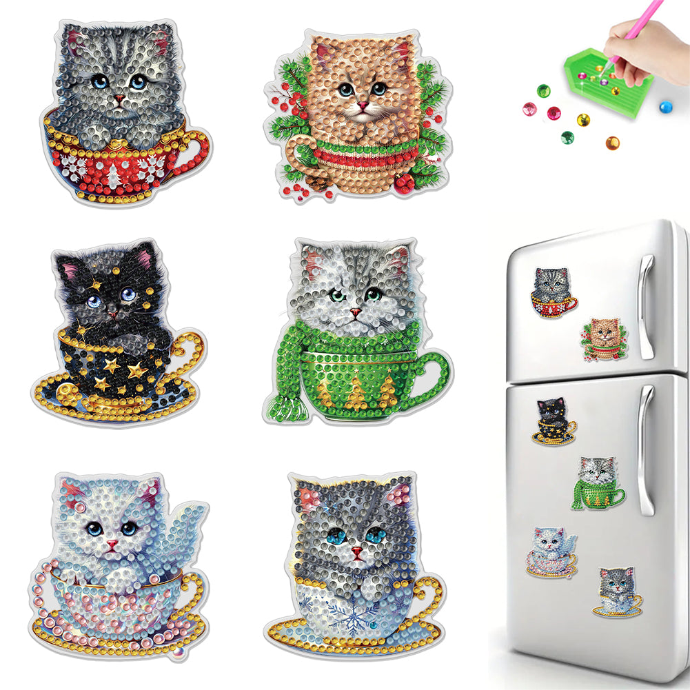 6PCS 2D Flat Xmas DIY Crystal Refrigerator Magnetic for Home Decor (Cup Cat)
