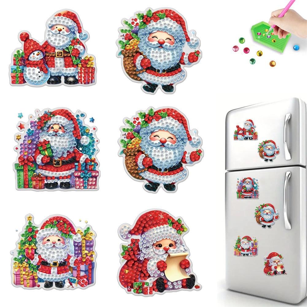 6PCS 2D Flat Xmas DIY Crystal Refrigerator Magnet for Home Decor (Santa Claus) Christmas
