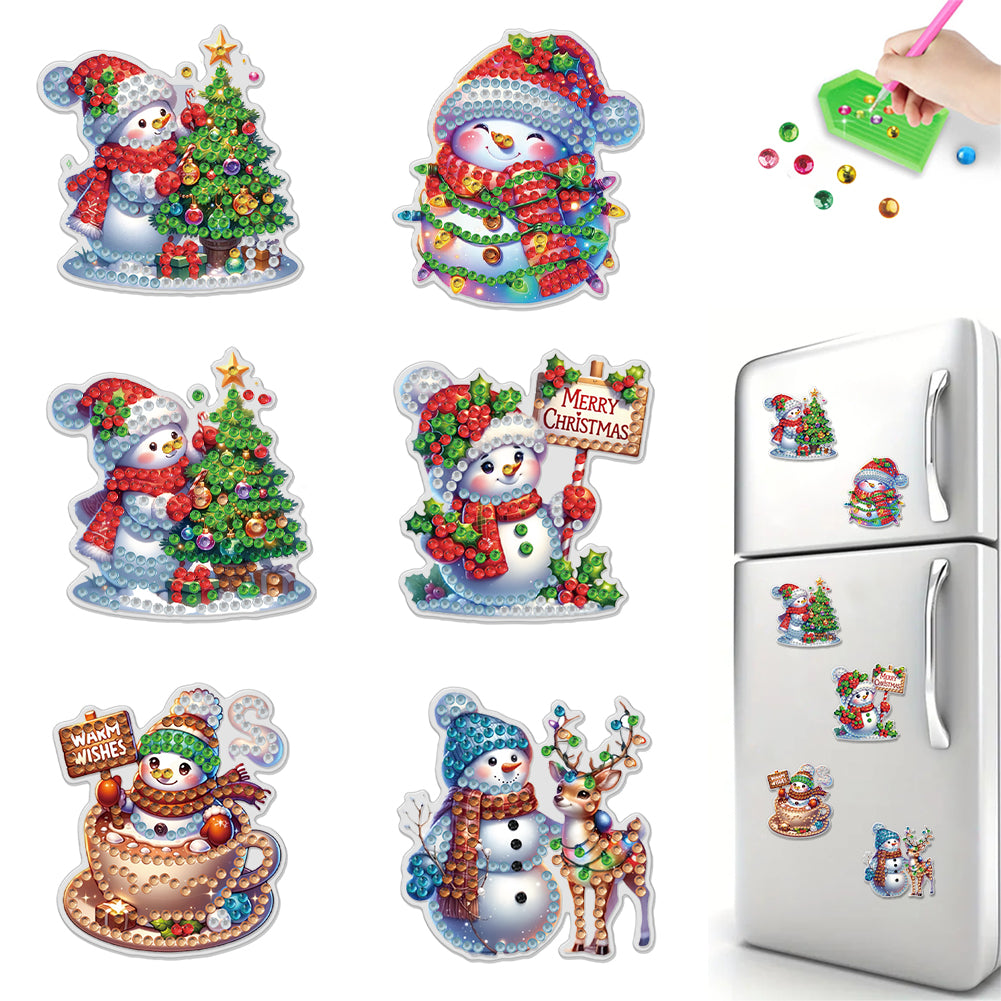 6PCS 2D Flat Xmas DIY Crystal Refrigerator Magnet for Decor (Christmas Snowman)