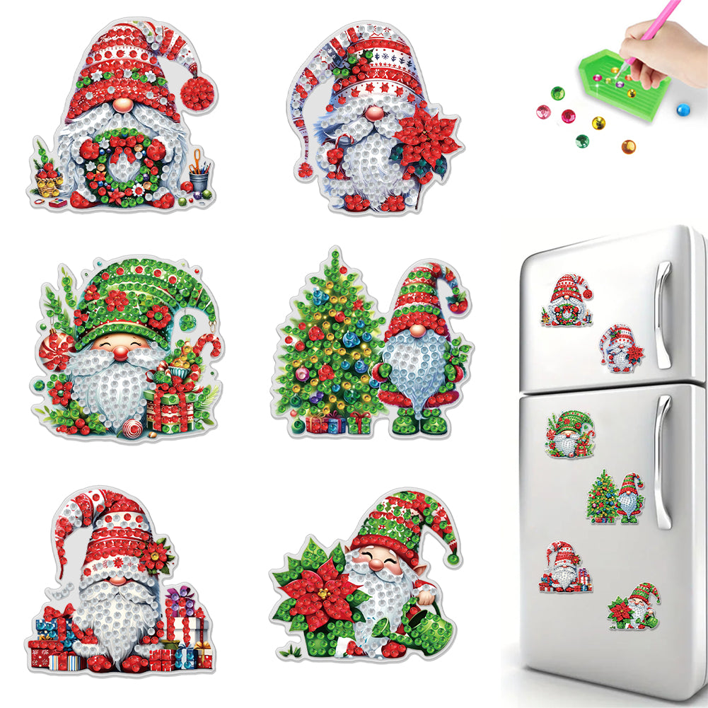 6PCS 2D Flat Xmas DIY Crystal Refrigerator Magnet for Decor (Christmas Gnome)