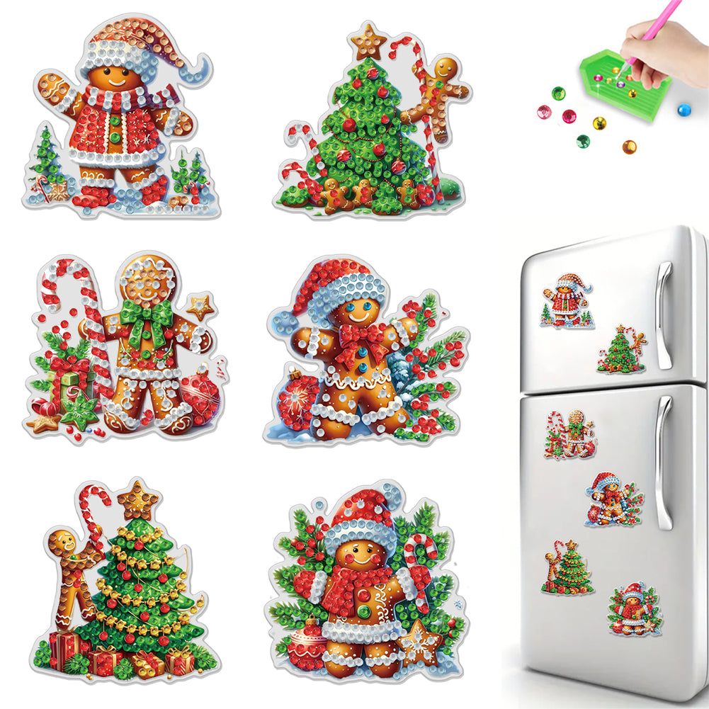 6PCS 2D Flat Xmas DIY Crystal Refrigerator Magnet for Decor (Gingerbread Man) Christmas