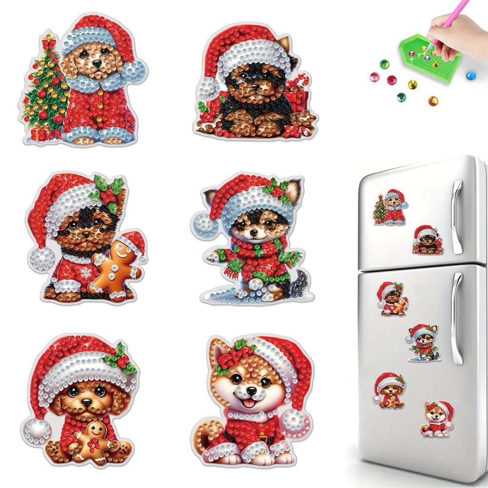 6PCS 2D Flat Xmas DIY Crystal Refrigerator Magnet for Home Decor (Christmas Dog)