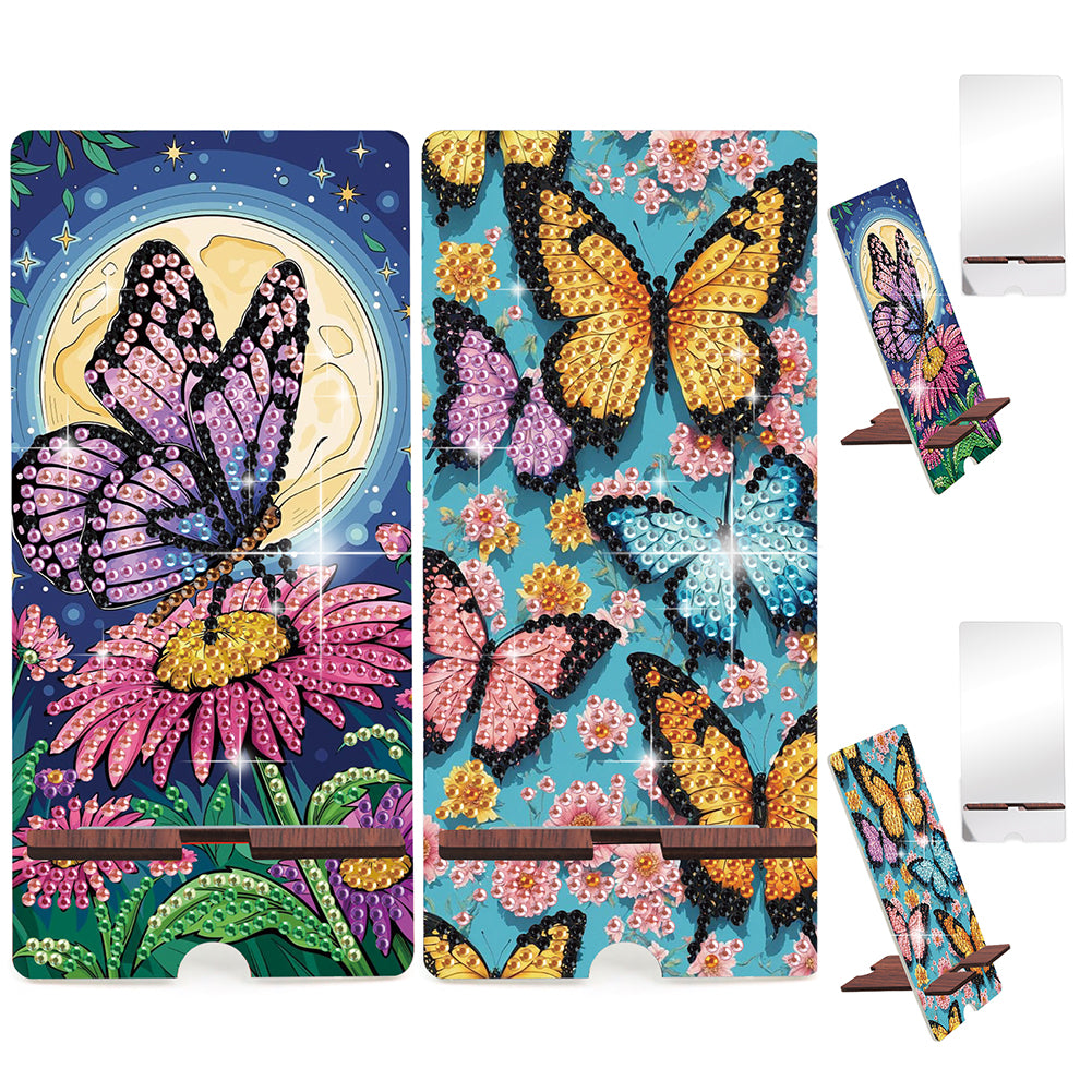 2-Pack Acrylic Butterfly Diamond Art Phone Stand & Mirror Kit for Beginner Adult
