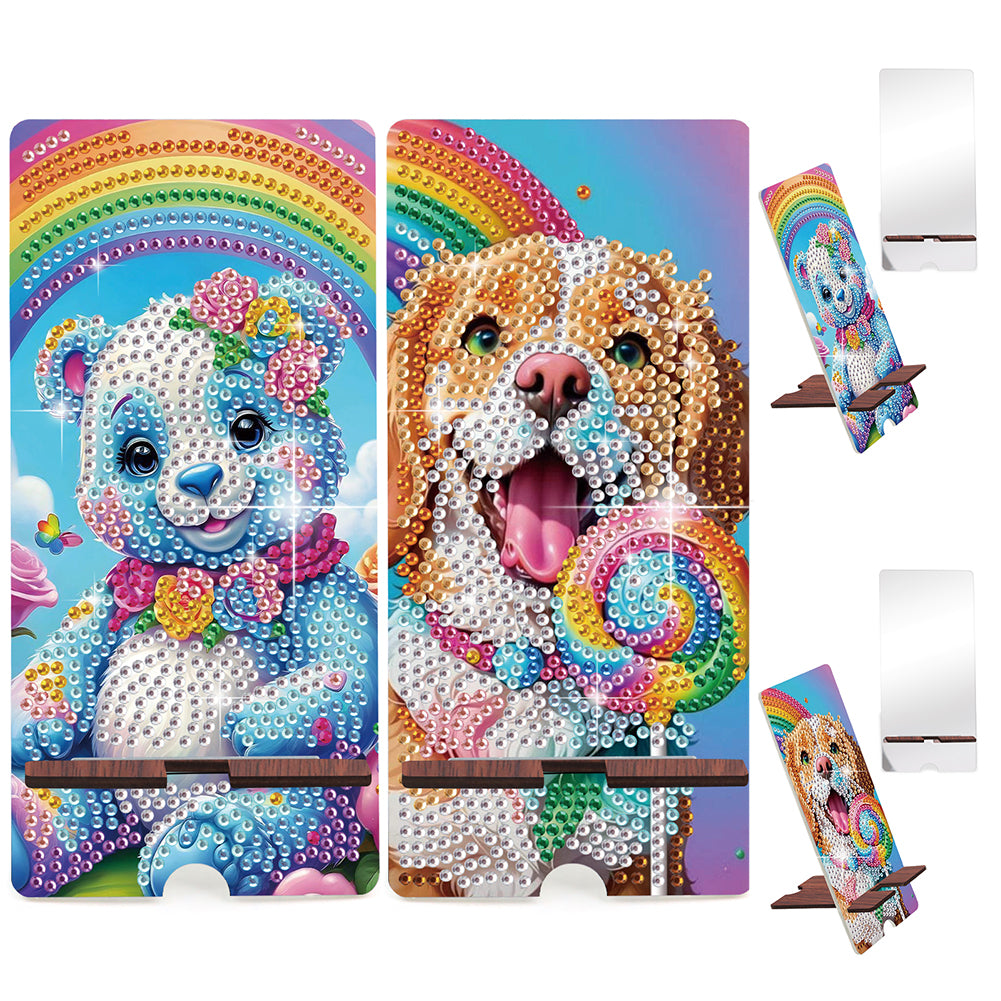 2-Pack Acrylic Bear Dog Diamond Art Phone Stand & Mirror Kit for Beginner Adult