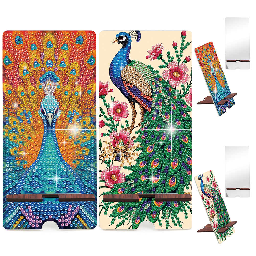 2-Pack Acrylic Peacock Diamond Art Phone Stand & Mirror Kit for Beginner Adult