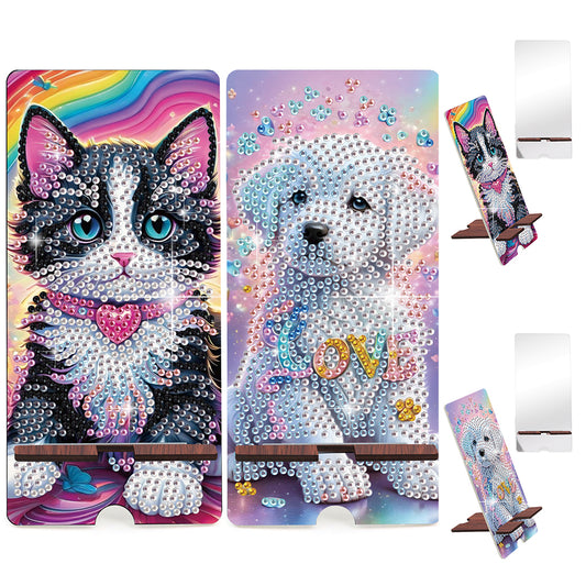 2-Pack Acrylic Cat Dog Diamond Art Phone Stand & Mirror Kit for Beginner Adult