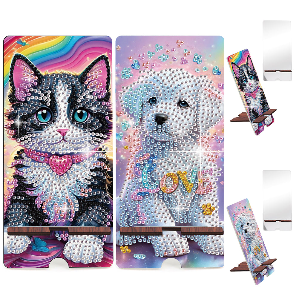 2-Pack Acrylic Cat Dog Diamond Art Phone Stand & Mirror Kit for Beginner Adult