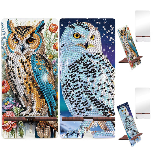 2-Pack Acrylic Owl Diamond Art Phone Stand & Mirror Kit for Beginner Adult