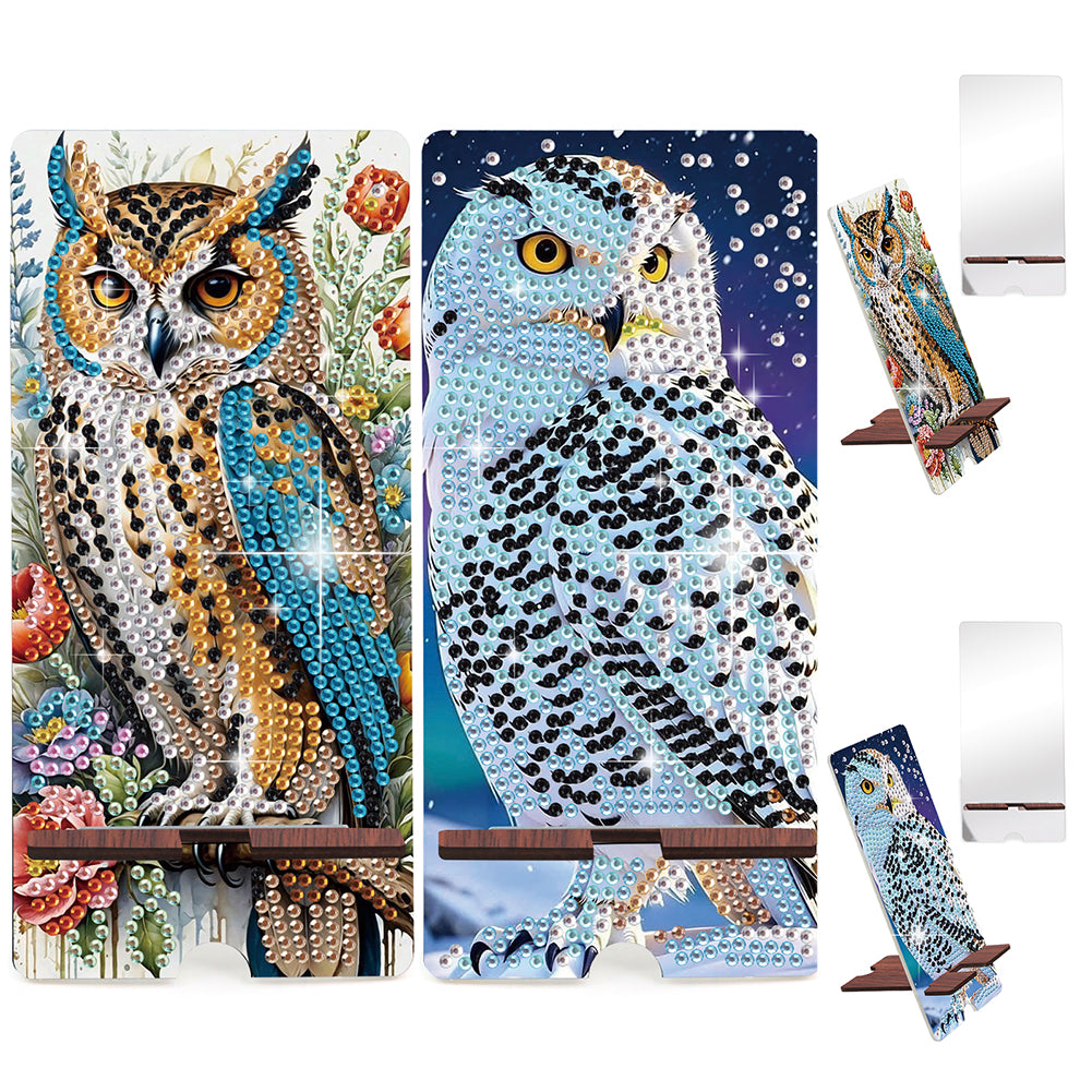 2-Pack Acrylic Owl Diamond Art Phone Stand & Mirror Kit for Beginner Adult