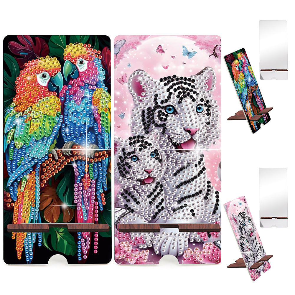 2-Pack Acrylic Parrot Tiger Diamond Art Phone Stand & Mirror Kit for Adults
