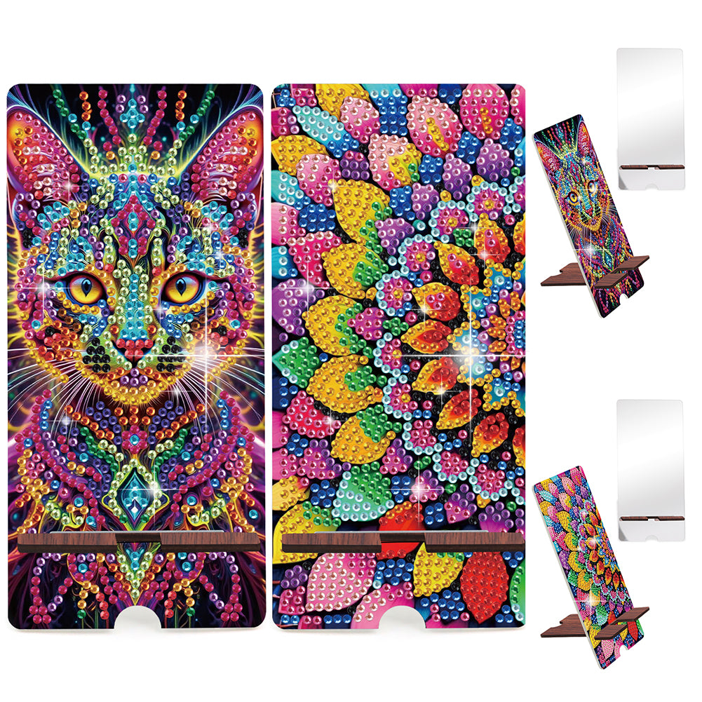 2-Pack Acrylic Mandala Cat Diamond Art Phone Stand And Mirror for Adults