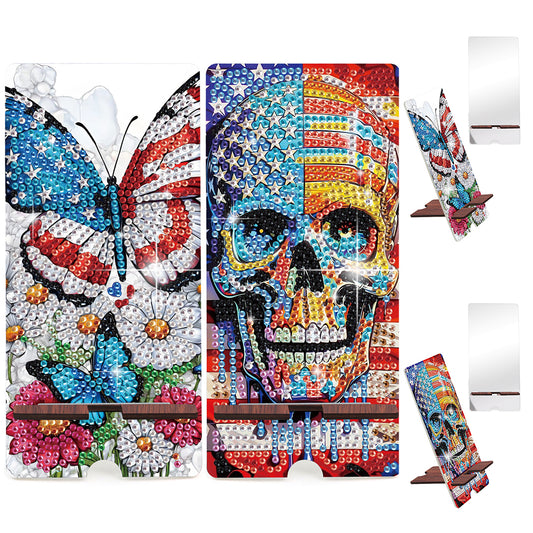 2-Pack Acrylic US Flag Butterfly Skull Diamond Art Phone Stand And Mirror