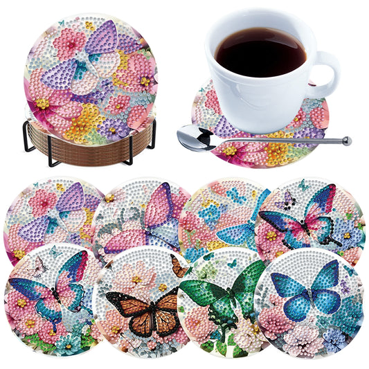 8pcs Butterfly DIY Diamond Painting Coasters Kits with Holder Wooden Coaster