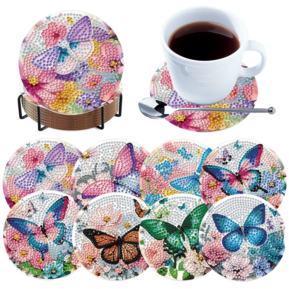 8pcs Butterfly DIY Diamond Painting Coasters Kits with Holder Wooden Coaster