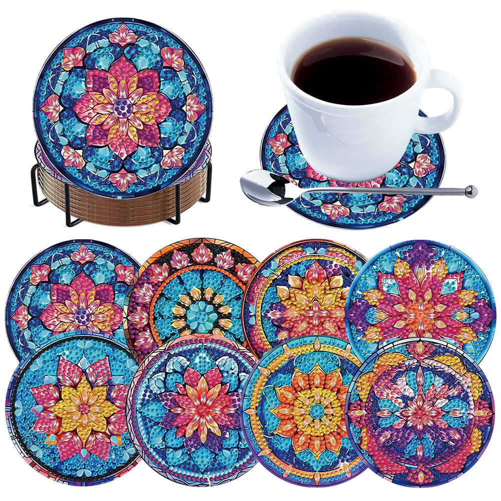 8pcs Pattern DIY Diamond Painting Coasters Kits with Holder Wooden Coaster Craft