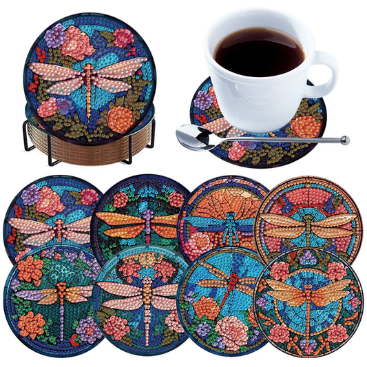 8pcs Dragonfly DIY Diamond Painting Coasters Kits with Holder Wooden Coaster