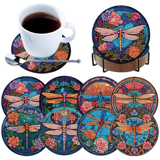 8pcs Dragonfly DIY Diamond Painting Coasters Kits with Holder Wooden Coaster