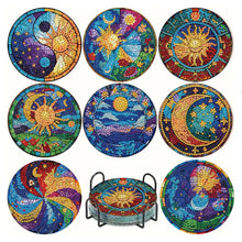 Load image into Gallery viewer, 8pcs Sun and Moon DIY Diamond Painting Coasters Kits with Holder Wooden Coaster

