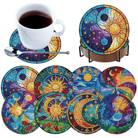 8pcs Sun and Moon DIY Diamond Painting Coasters Kits with Holder Wooden Coaster