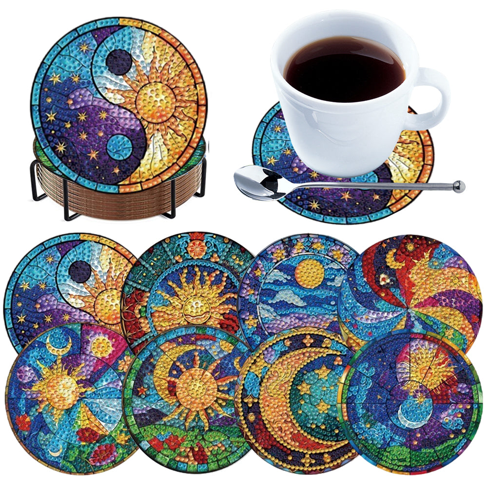 8pcs Sun and Moon DIY Diamond Painting Coasters Kits with Holder Wooden Coaster