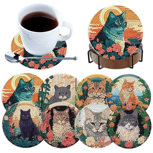 8pcs Cat DIY Diamond Painting Coasters Kits with Holder Wooden Coaster Craft