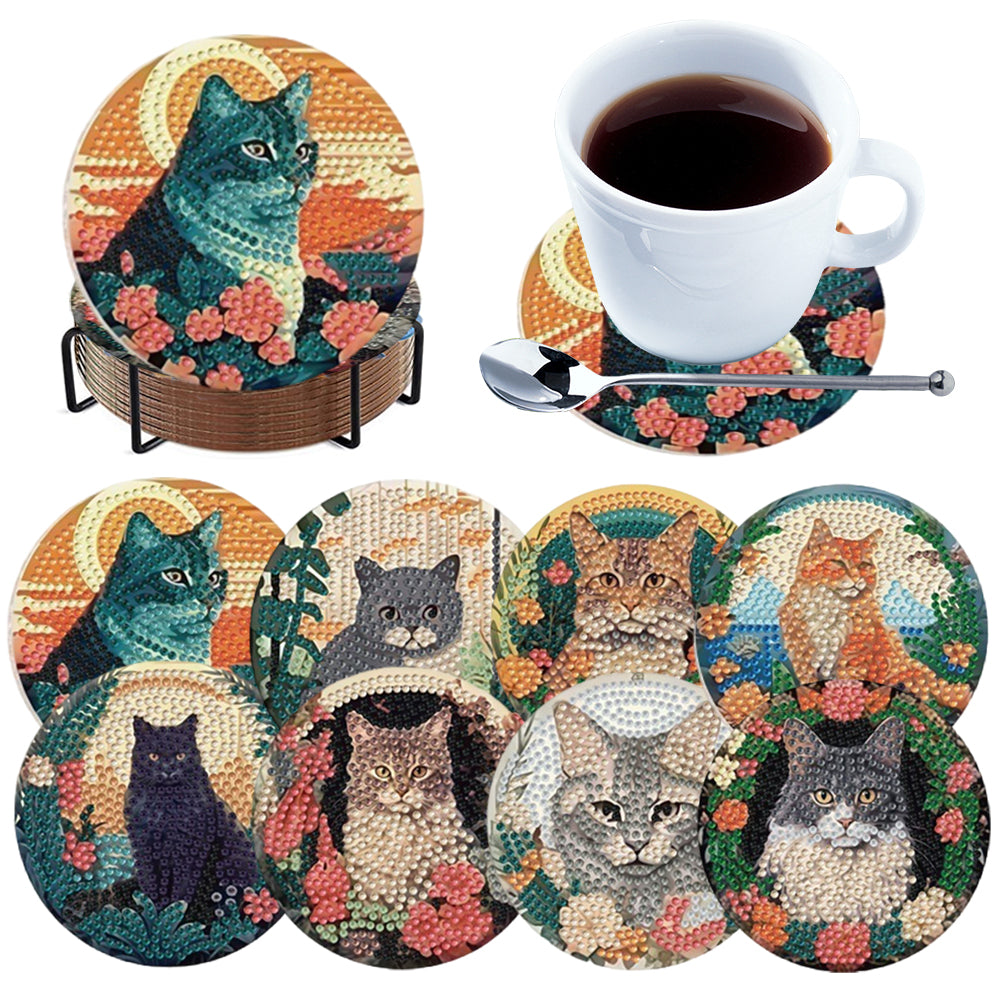 8pcs Cat DIY Diamond Painting Coasters Kits with Holder Wooden Coaster Craft
