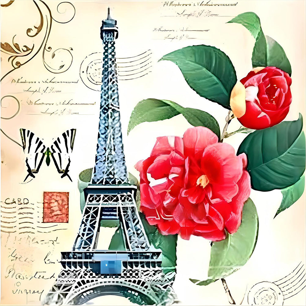 Diamond Painting - Full Round - Eiffel Tower And Camellia (30*30CM)