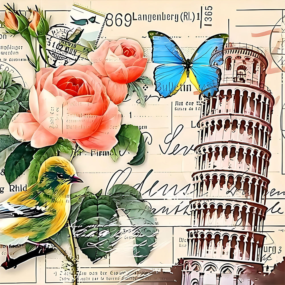 Diamond Painting - Full Round - Leaning Tower Of Pisa And Rose (30*30CM)