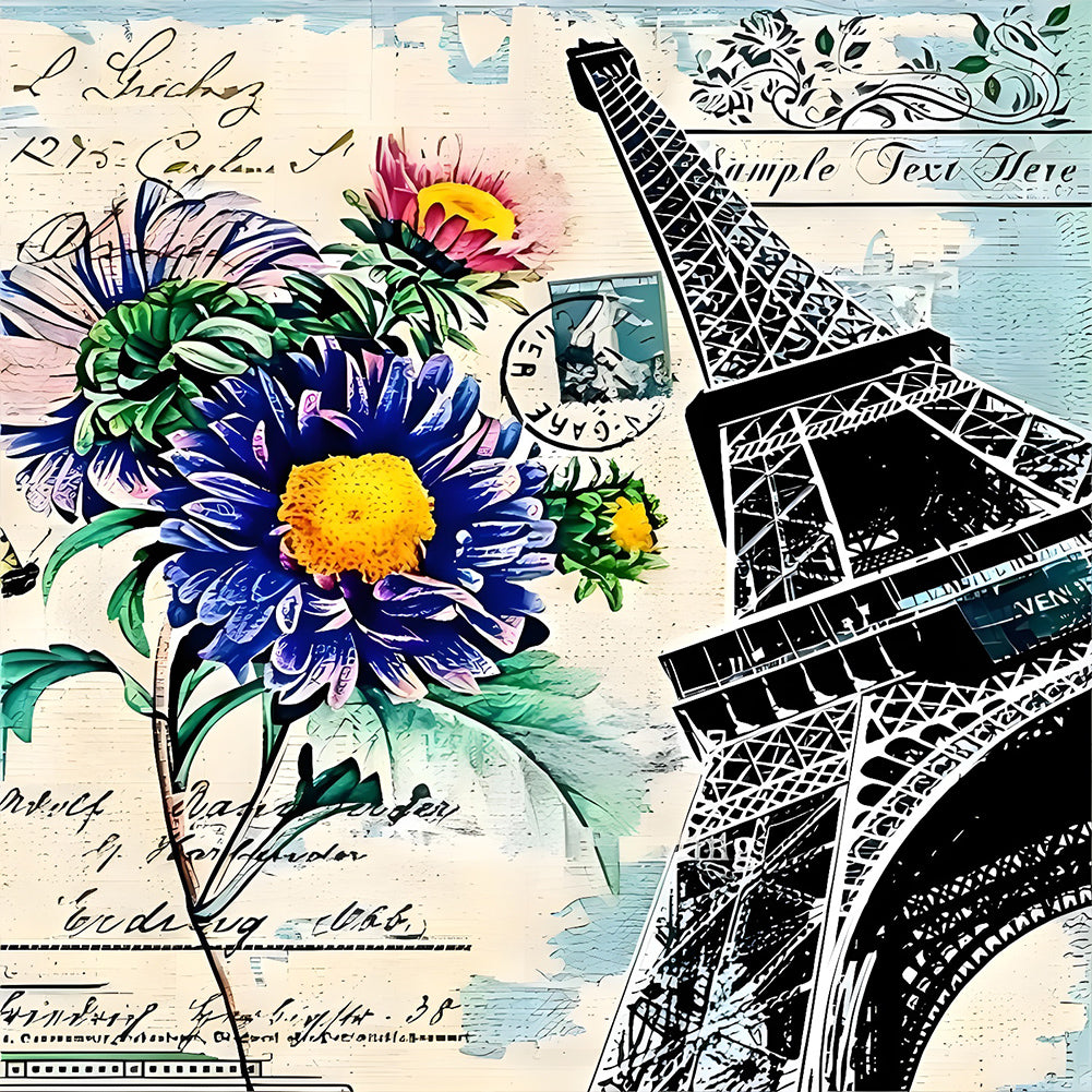 Diamond Painting - Full Round - Eiffel Tower And Chrysanthemum (30*30CM)