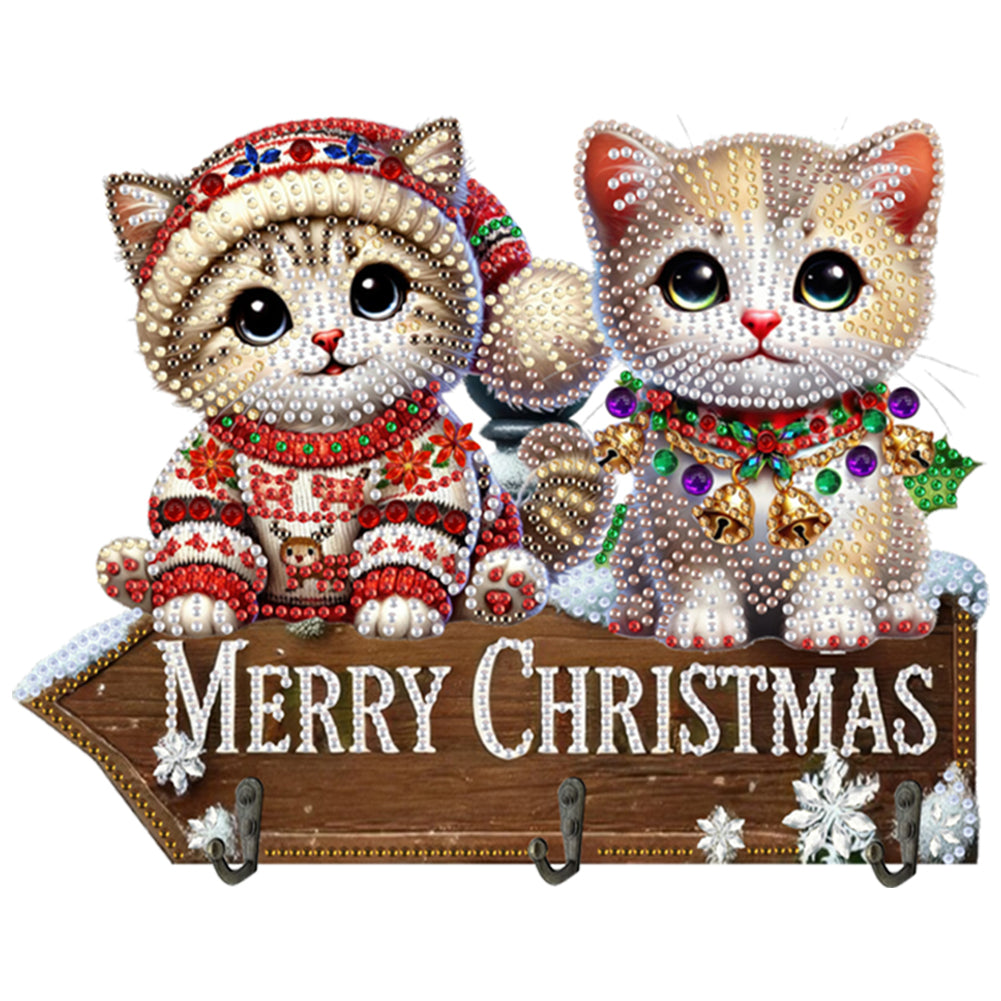 Welcome Home Christmas Cat Patterns Wood DIY Diamond Painting Art Hanging Hook