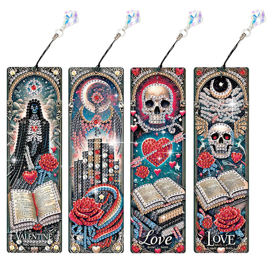 4Pcs Skull Heart Themed DIY Diamond Painting Bookmark for Reading Enthusiasts