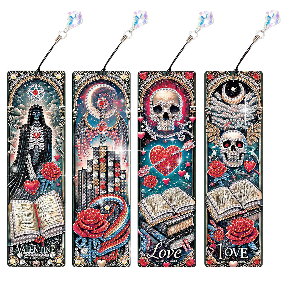4Pcs Skull Heart Themed DIY Diamond Painting Bookmark for Reading Enthusiasts