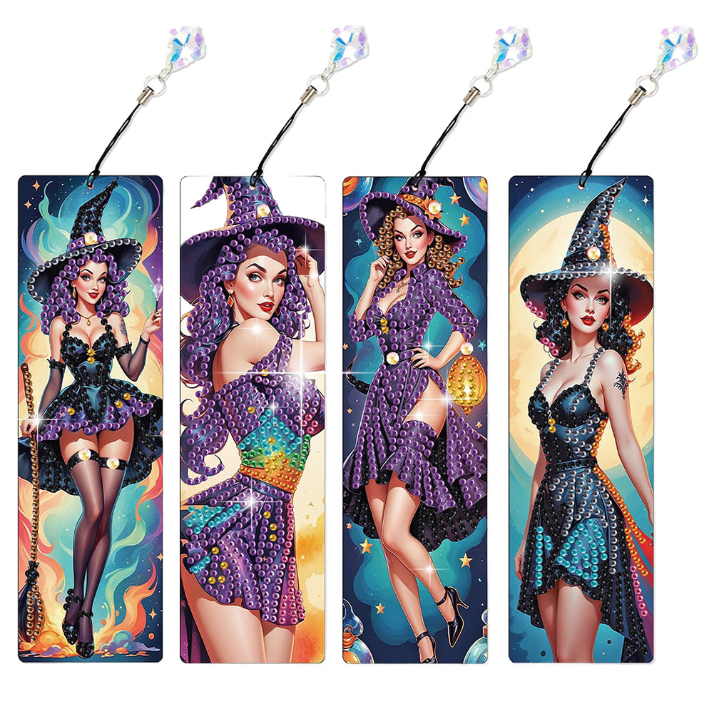 4Pcs Halloween Witch Themed DIY Diamond Painting Bookmark for Book Lovers