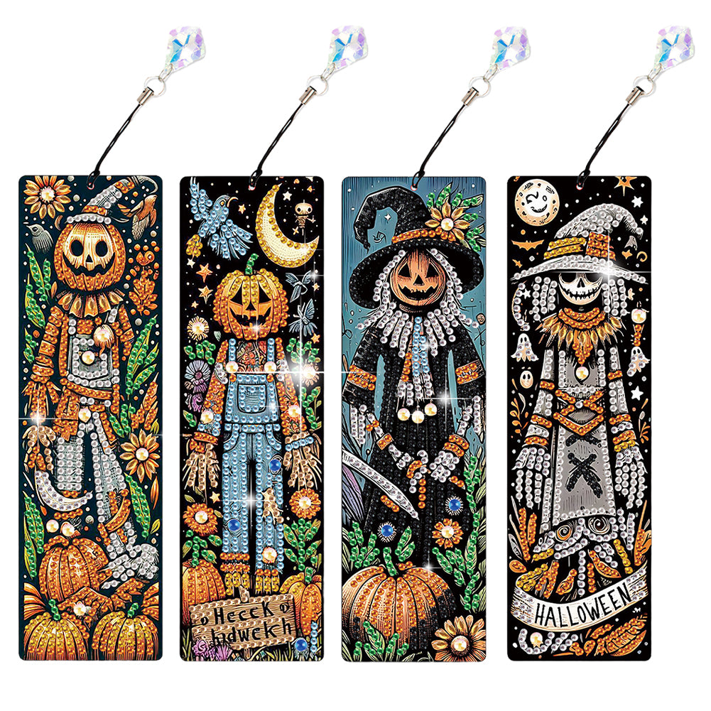 4Pcs Halloween Pumpkin Skull Themed DIY Diamond Painting Bookmark for Book Lover