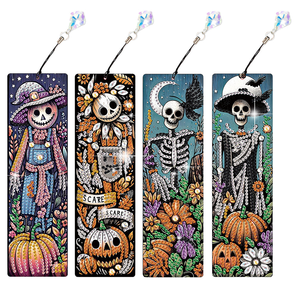 4Pcs Halloween Pumpkin Skull Themed DIY Diamond Painting Bookmark for Book Lover