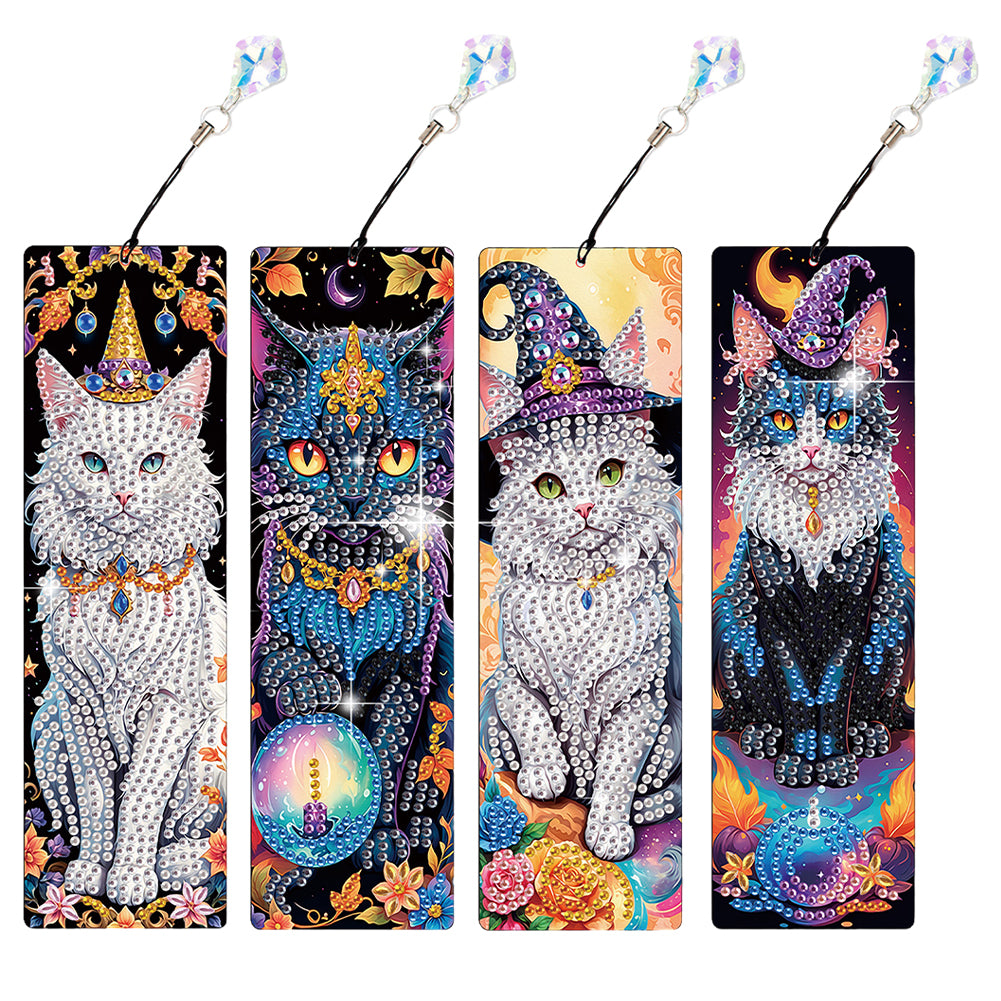 4Pcs Halloween Cat Themed DIY Diamond Painting Bookmark for Reading Enthusiasts