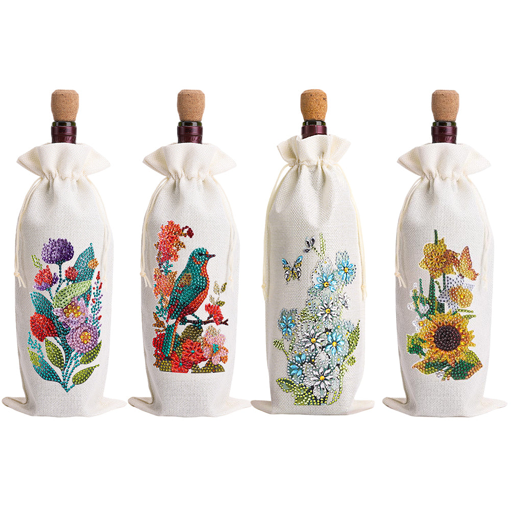4pcs DIY Diamond Painting Wine Bag Kit Rhinestones Liquor Bottle Cover (Flower)