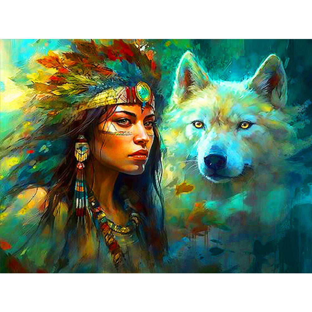Diamond Painting - Full Round - The Indian, the White Wolf, and the Dreamcatcher (40*30CM)