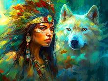 Load image into Gallery viewer, Diamond Painting - Full Round - The Indian, the White Wolf, and the Dreamcatcher (40*30CM)
